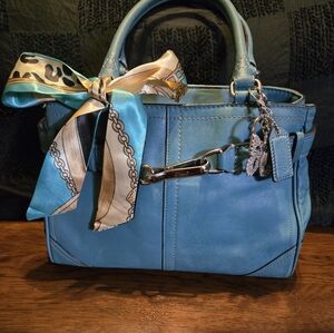 Coach Hampton Blue Leather Shoulder Bag with Gold Accents
